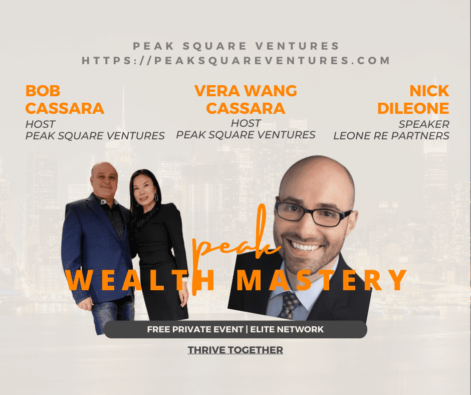 Promotional image for Peak Wealth Mastery event featuring hosts and speaker with their names and details.