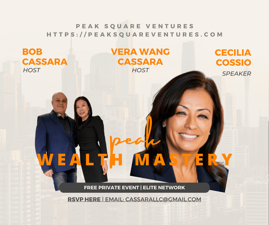 Promotional image for Peak Wealth Mastery event by Peak Square Ventures featuring hosts and speaker information.