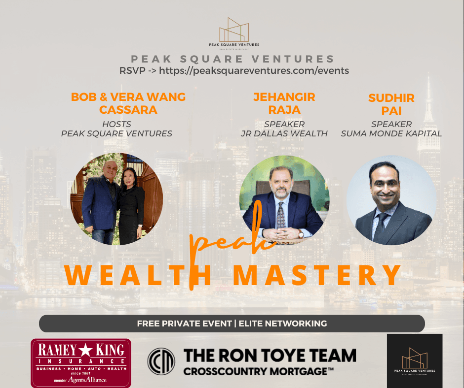 Event flyer for Peak Wealth Mastery by Peak Square Ventures with speakers and sponsors listed.