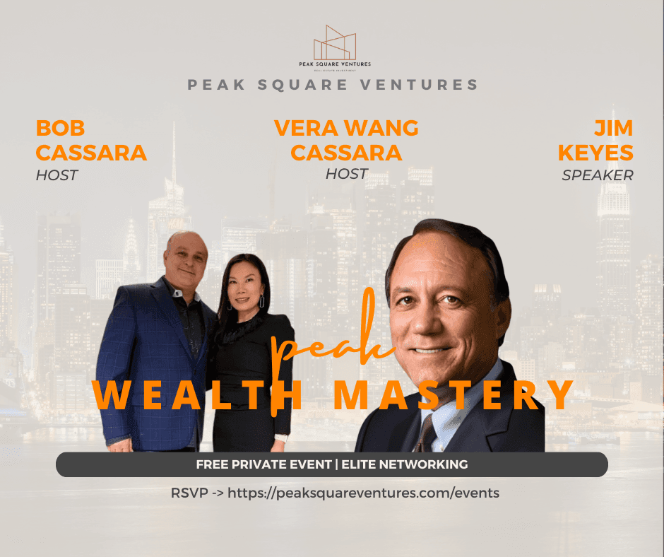 Event poster for Peak Wealth Mastery with hosts and speaker, featuring city skyline background.